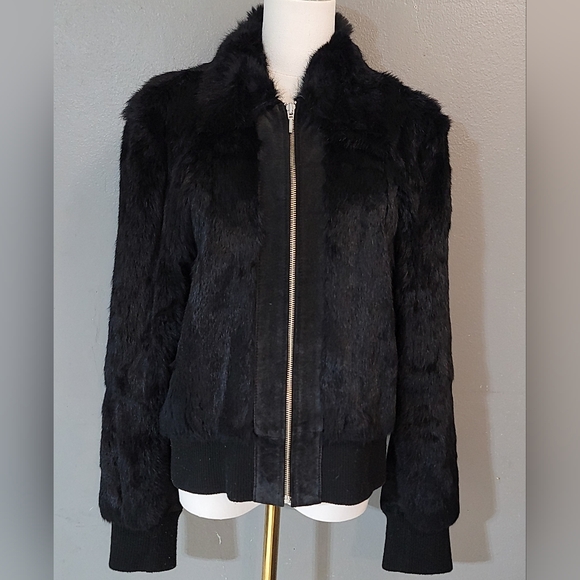 Vintage Y2K Mixit Women Size L Genuine Black Rabbit Fur Leather Jacket Coat - Picture 1 of 7